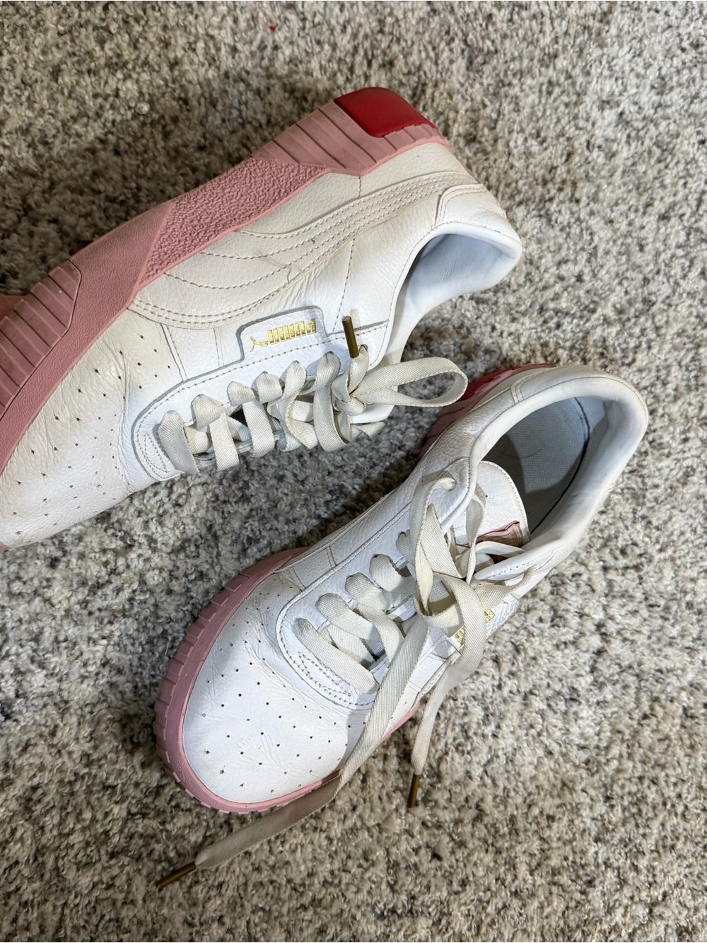 Puma White and Pink Leather Low-Top Sneakers